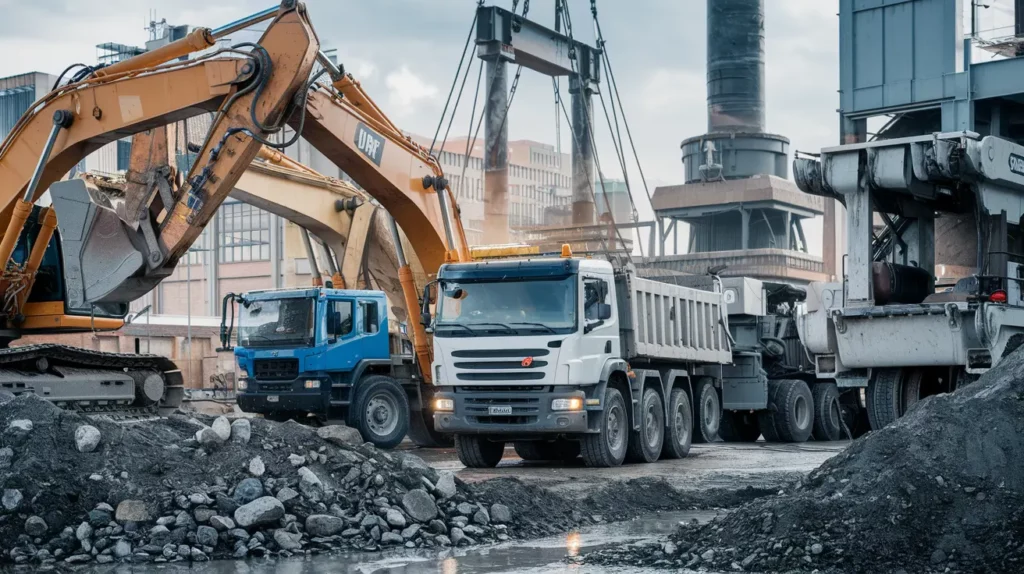 Large industrial machines such as excavators, trucks, and hydraulic presses working efficiently